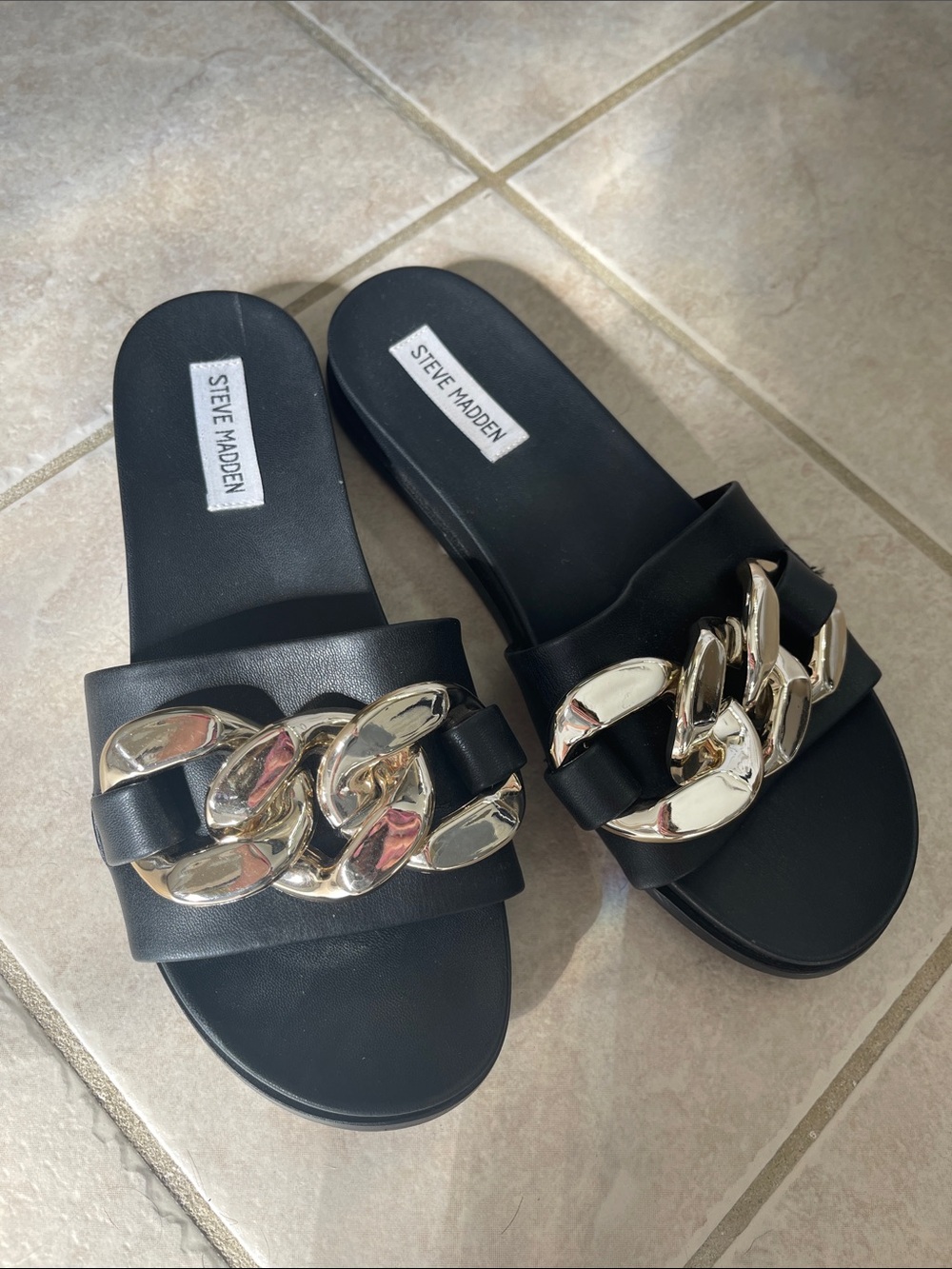 Steve Madden Black Slides with Gold Chain Accent